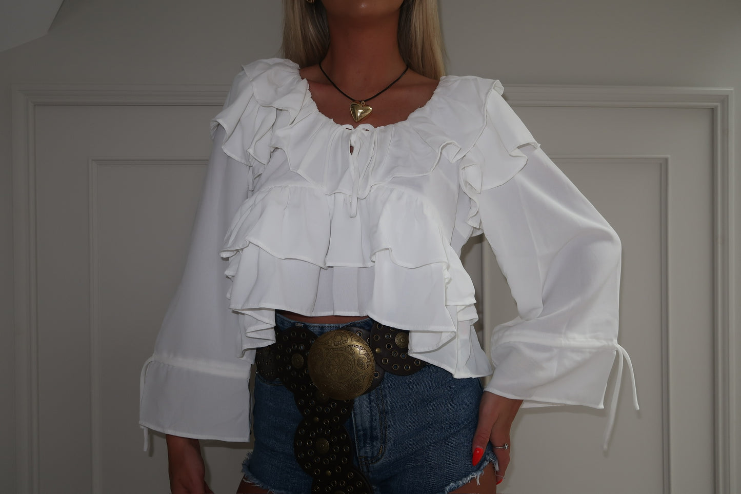 White Cropped Ruffle Blouse