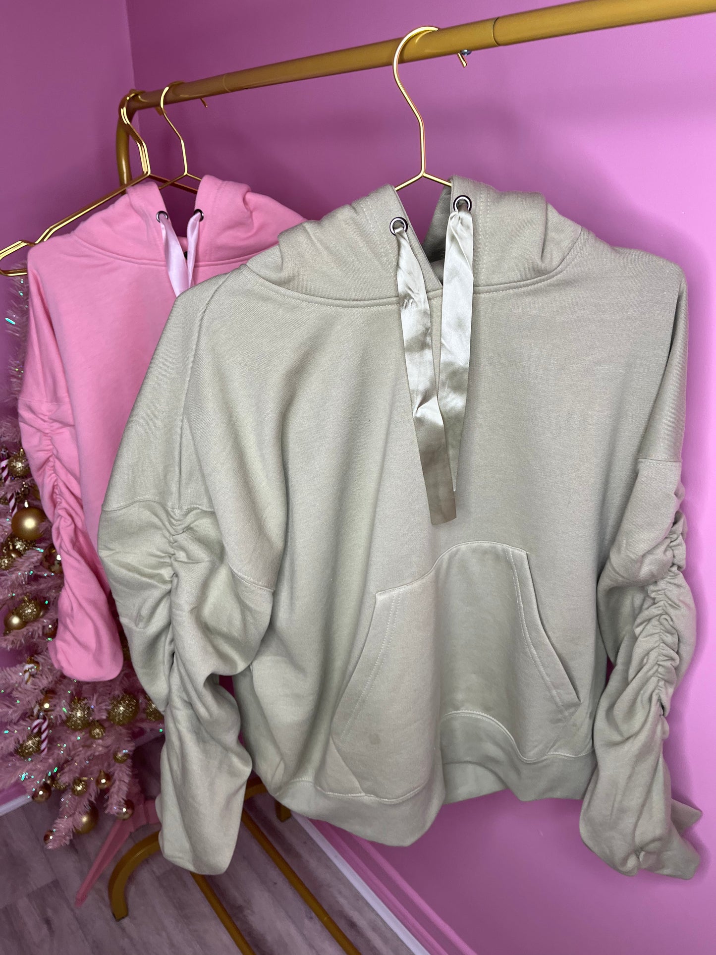 Sage green ruched sleeve ribbon hoodie