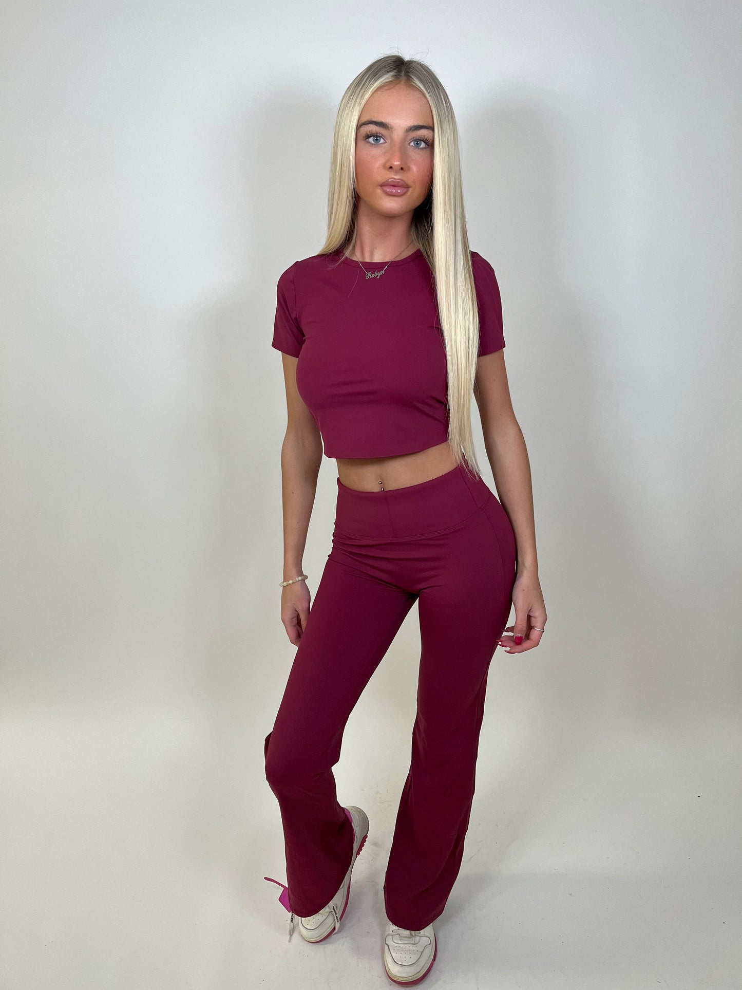 Sculpt burgundy crop top and flared leggings set