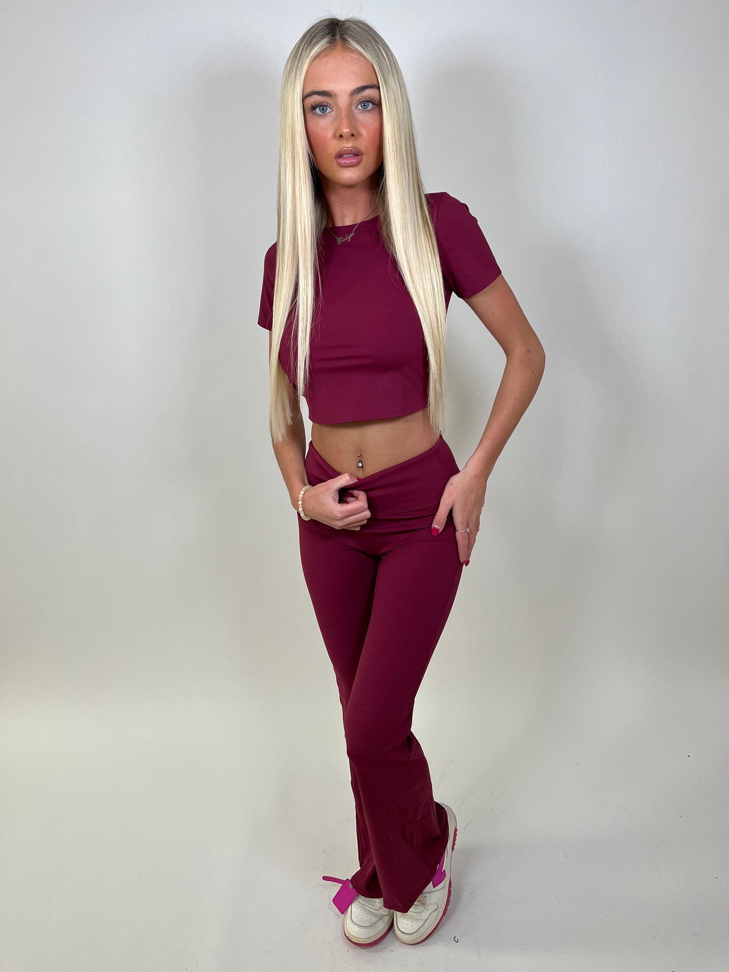 Sculpt burgundy crop top and flared leggings set
