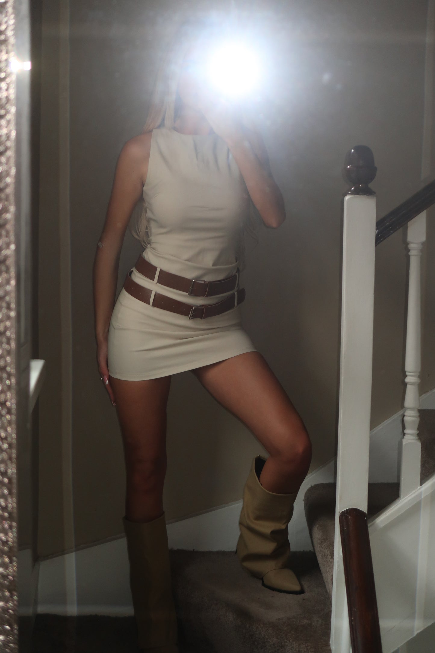 Beige Double Belted Round Neck Mini Dress