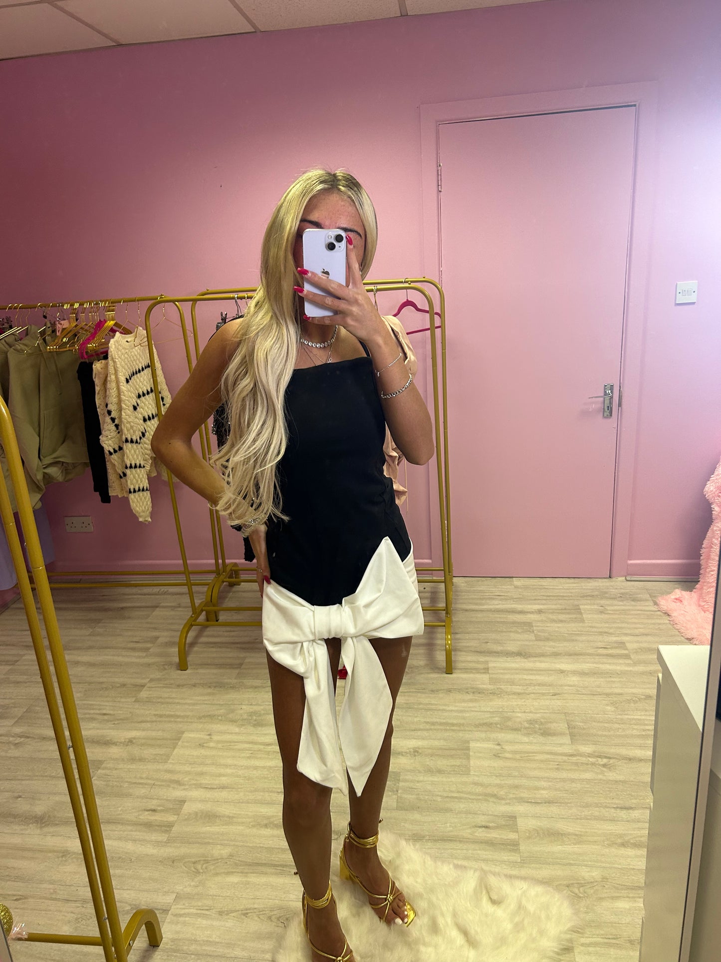 Black and white bow front mini dress