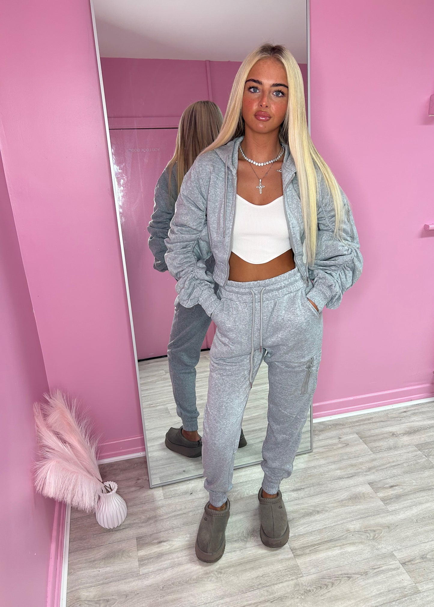 Grey ruched sleeve tracksuit