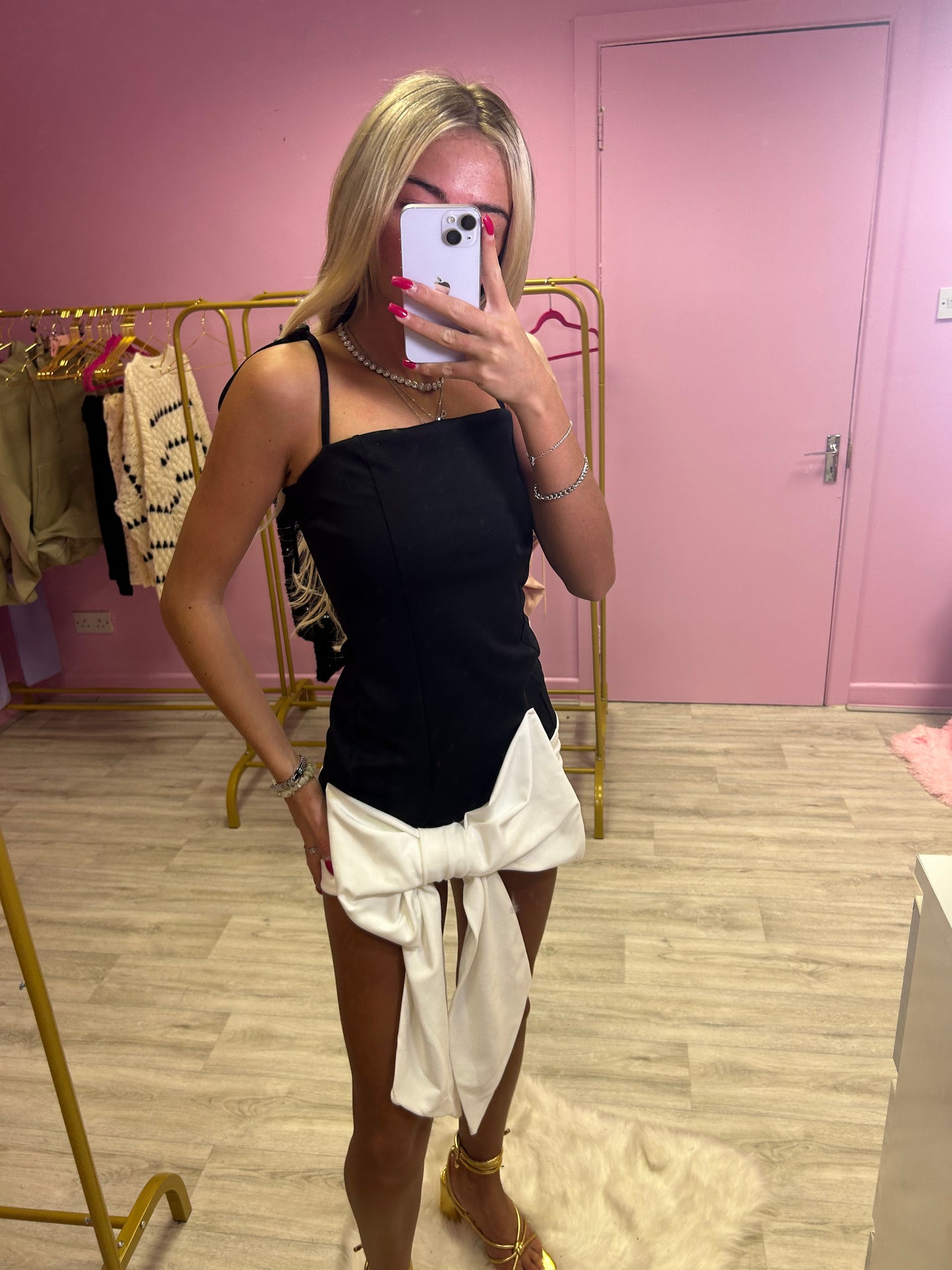 Black and white bow front mini dress