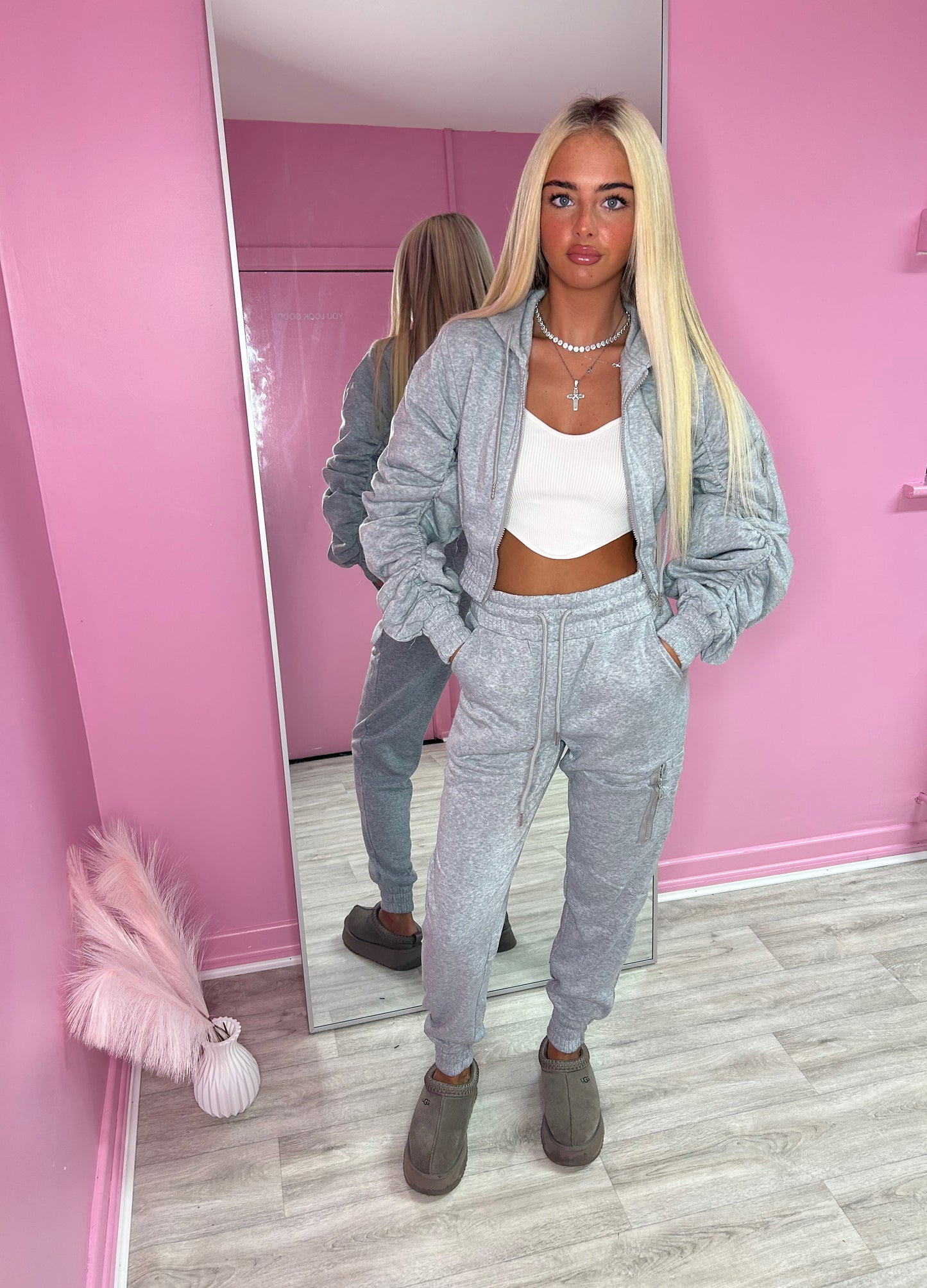 Grey ruched sleeve tracksuit