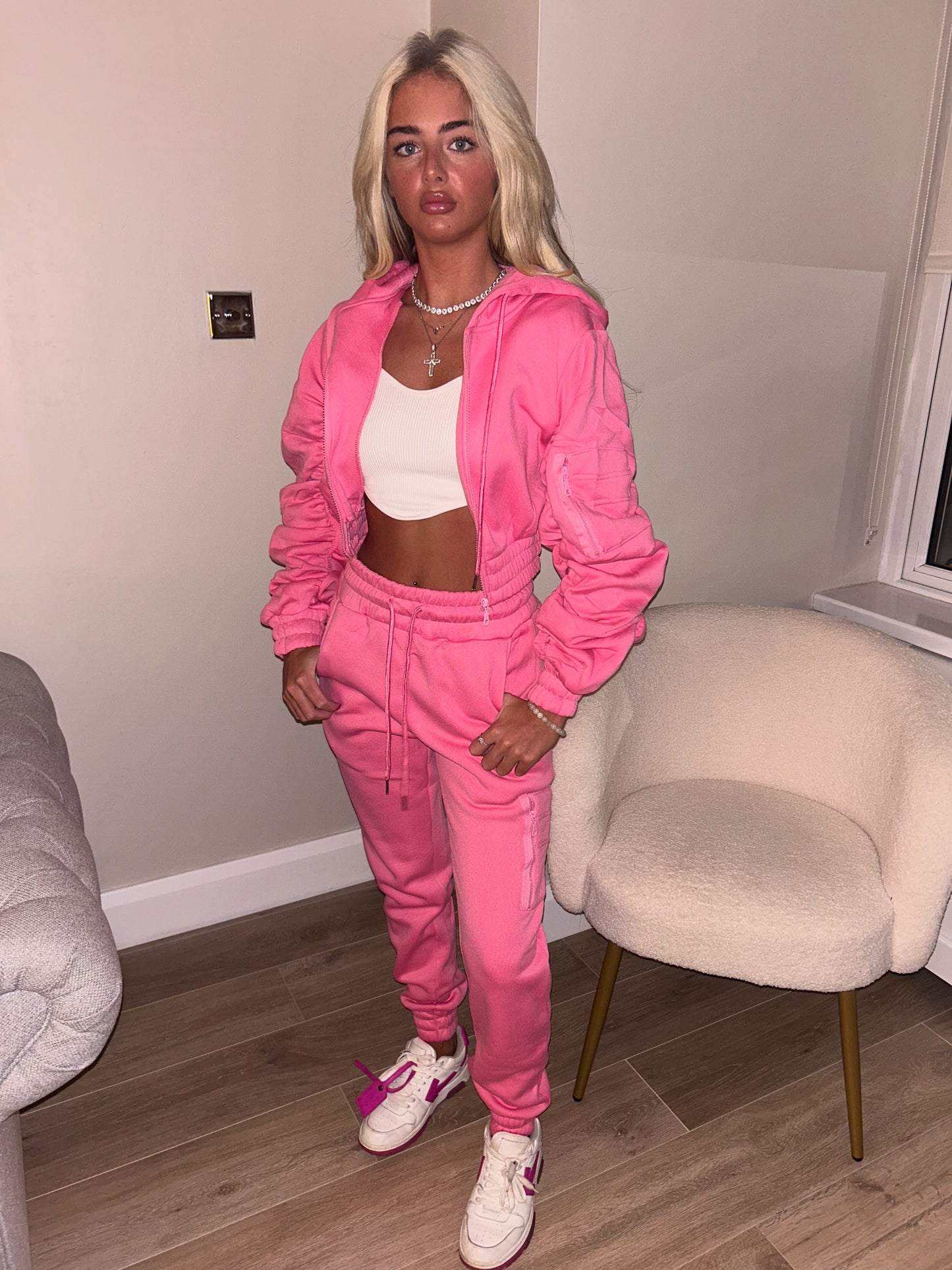 Pink ruched sleeve tracksuit