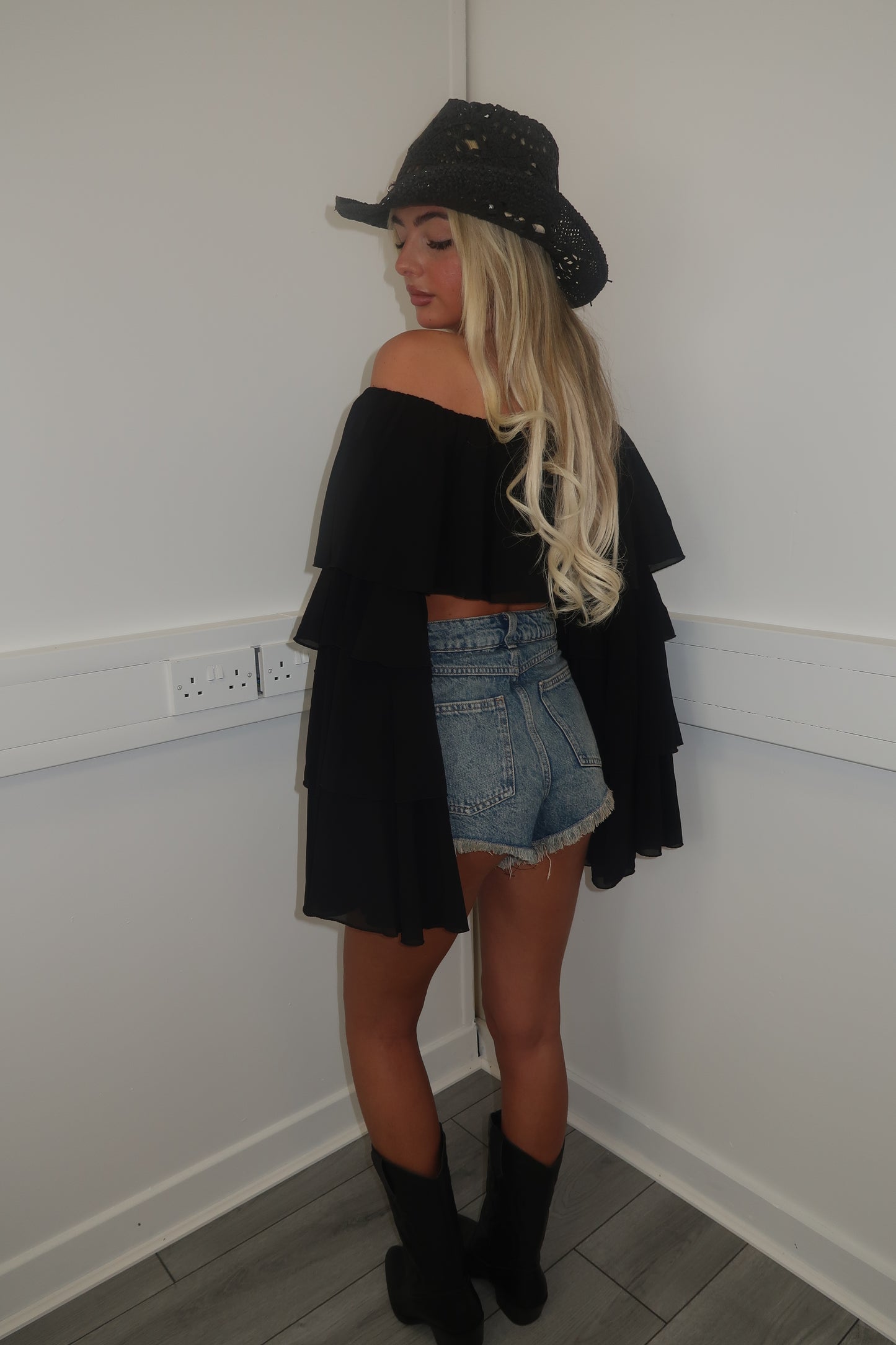 Black chiffon layered Bardot top