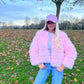 Luxury pink 3/4 sleeve faux fur coat