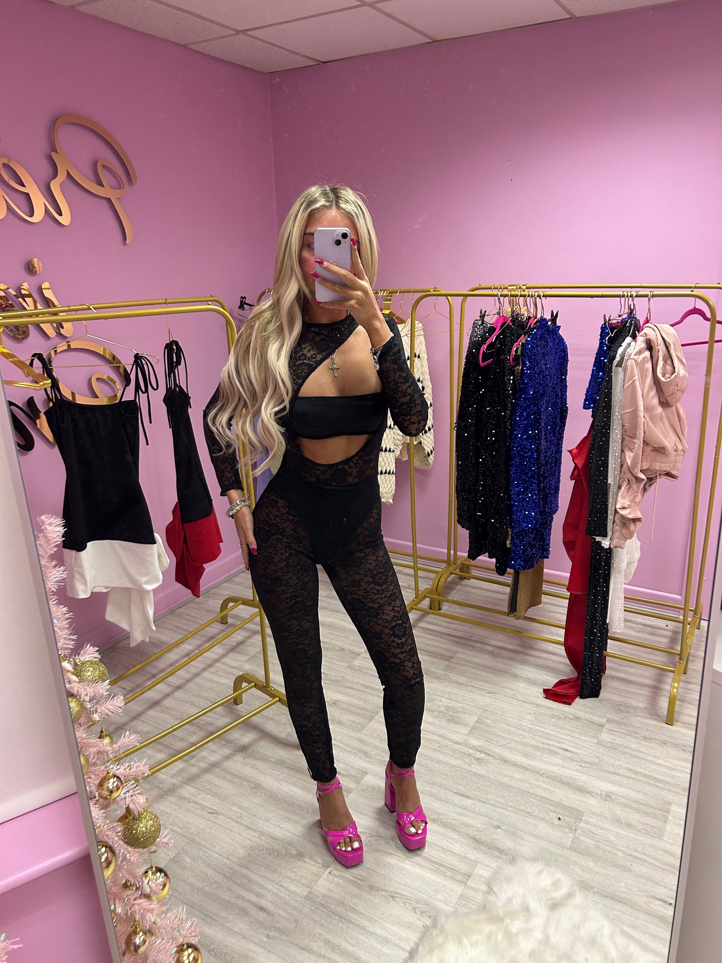 Black lace cut out jumpsuit