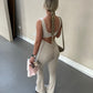 Beige cut out back ruched push-up jumpsuit