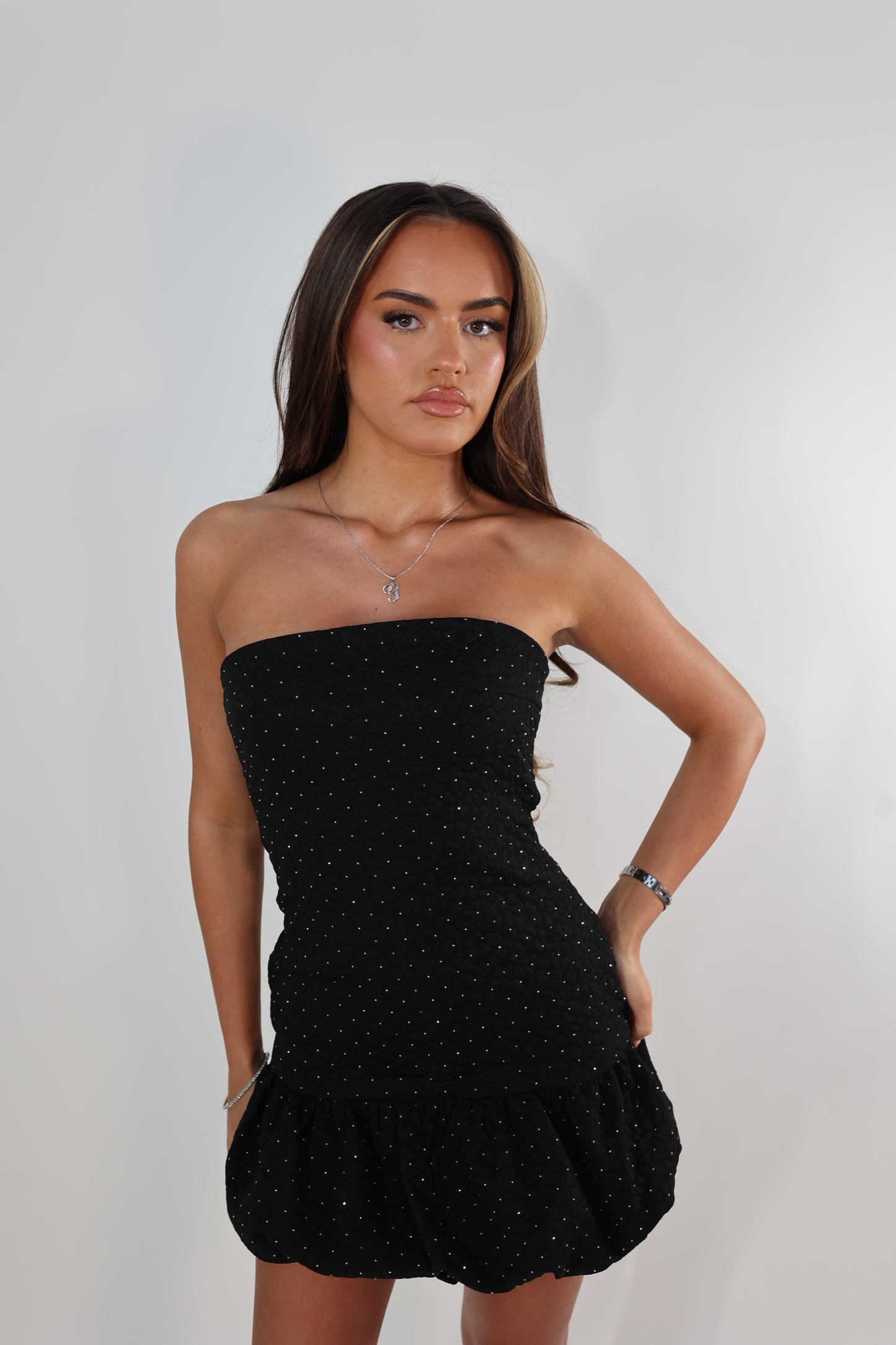 Black sparkle puff dress