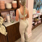 Beige cut out back ruched push-up jumpsuit