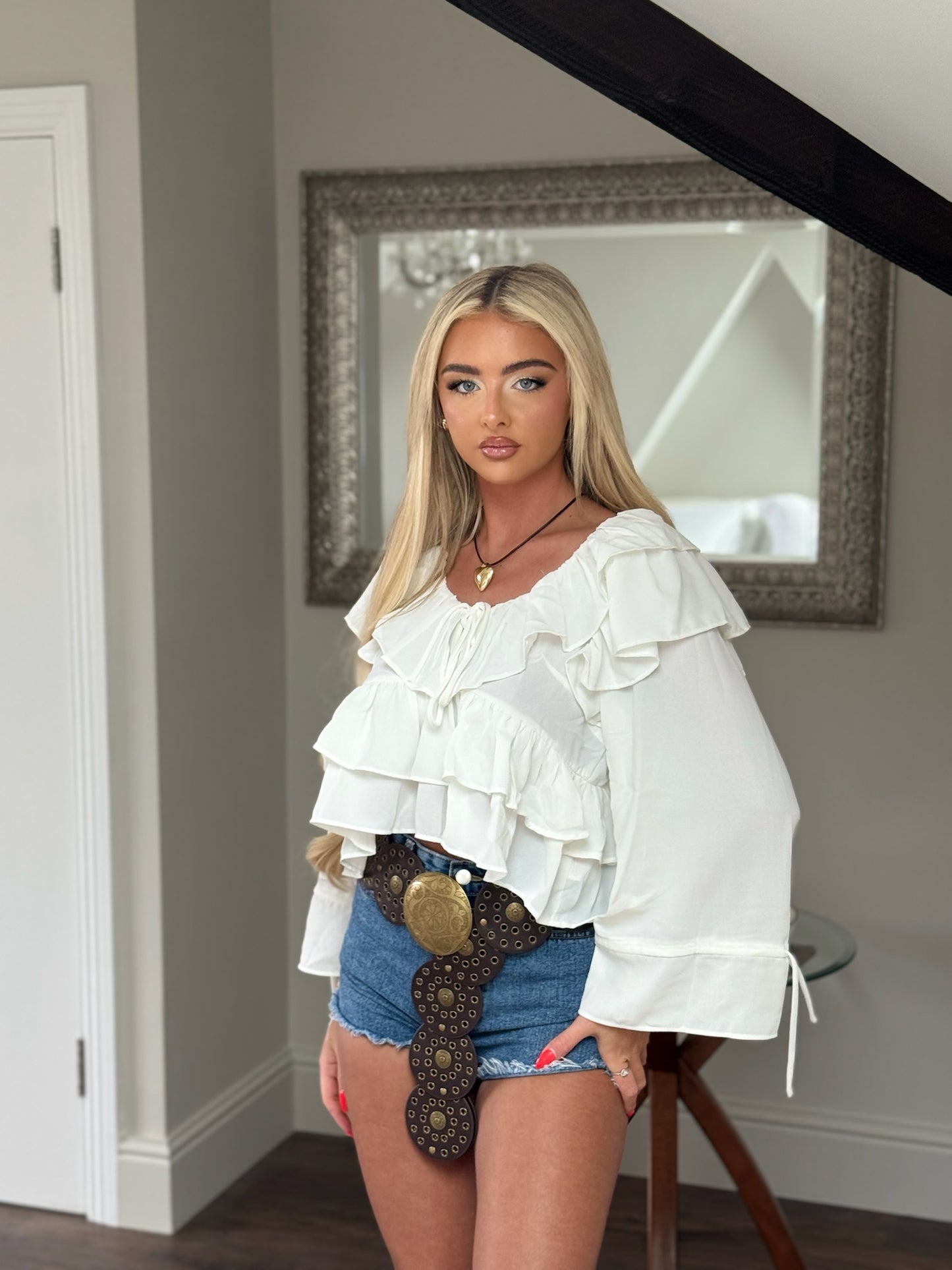 White Cropped Ruffle Blouse