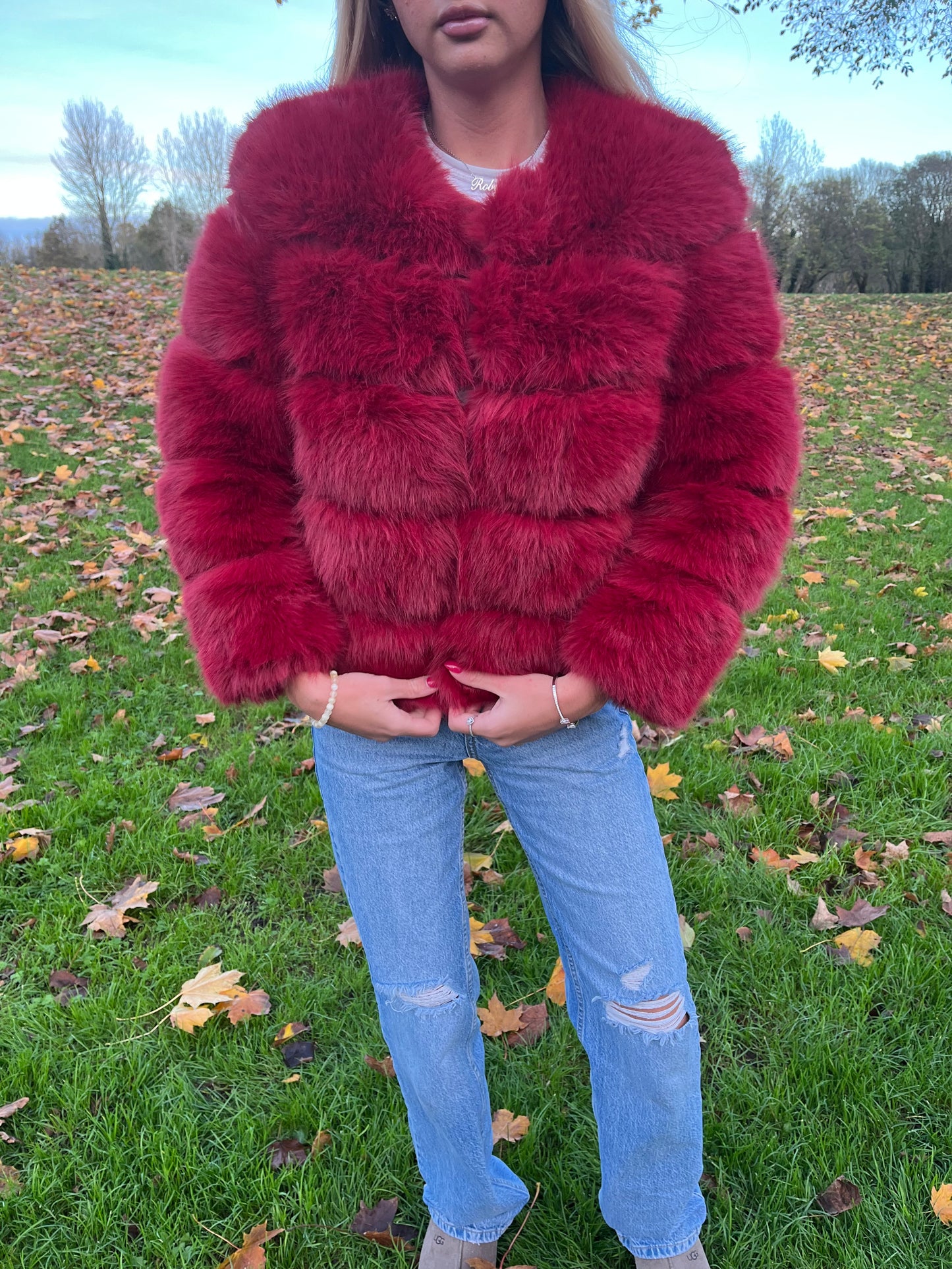 Luxury wine faux fur 3/4 sleeve coat