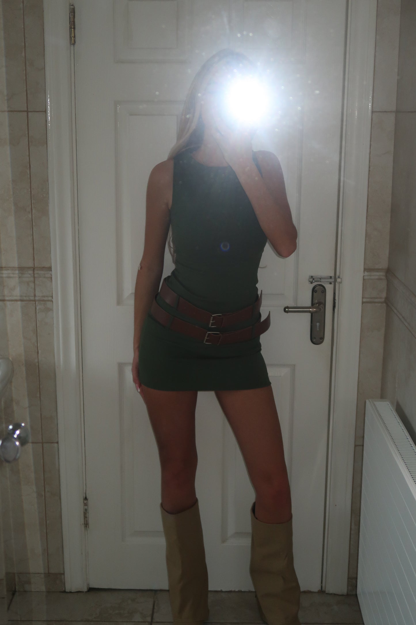 Khaki Double Belted Round Neck Mini Dress