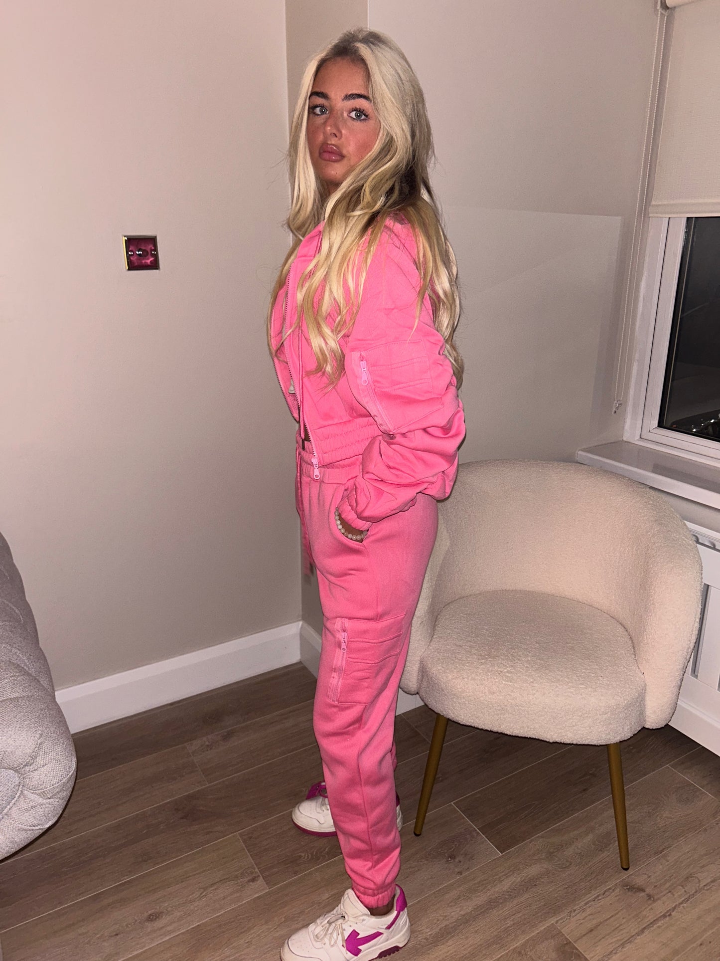 Pink ruched sleeve tracksuit
