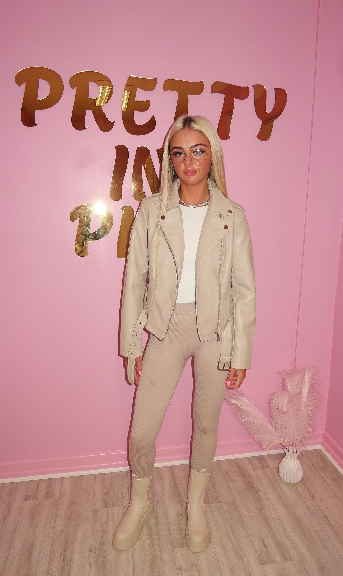PU Cream Belted Zip Up Biker Jacket