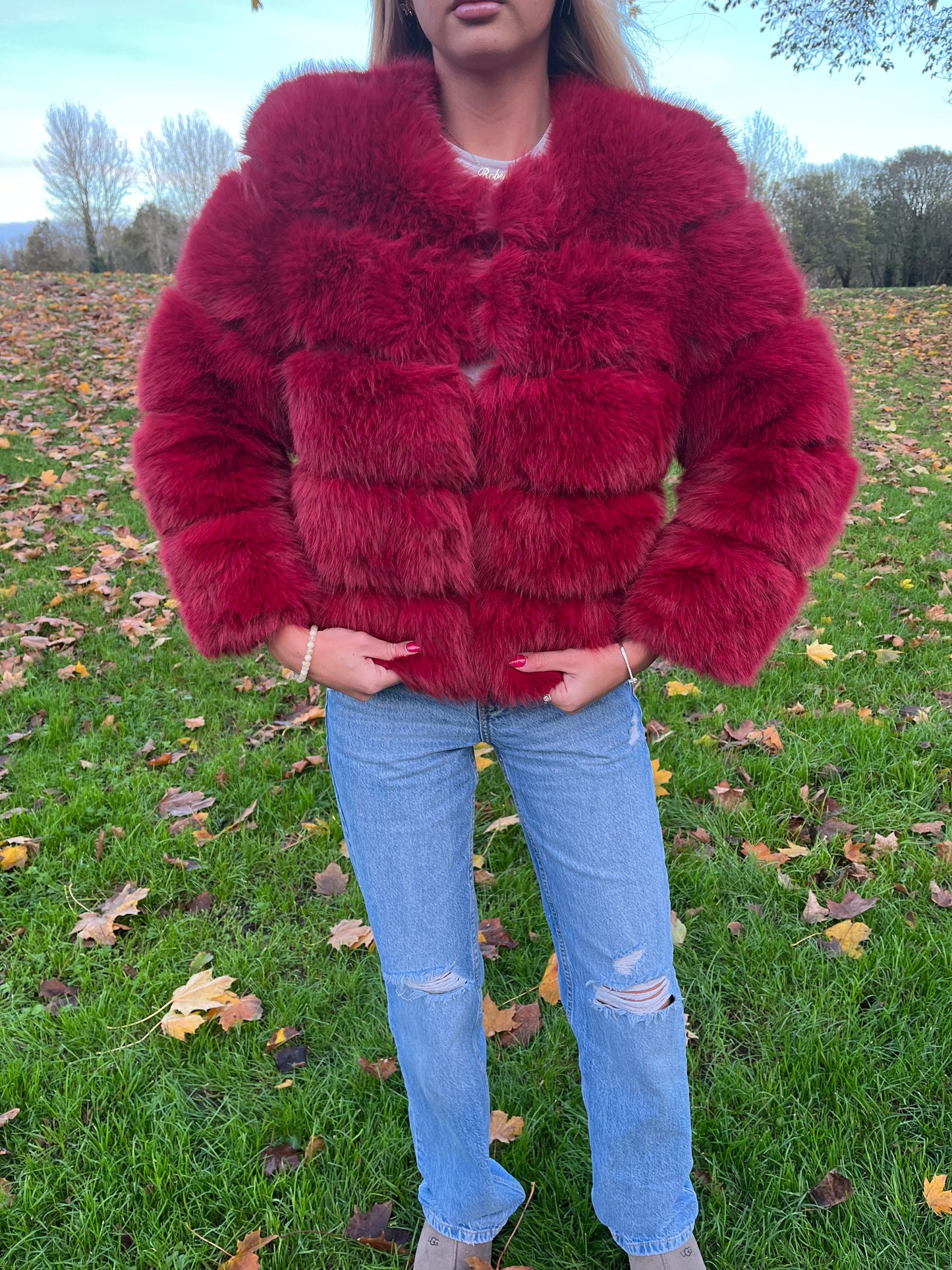 Luxury wine faux fur 3/4 sleeve coat