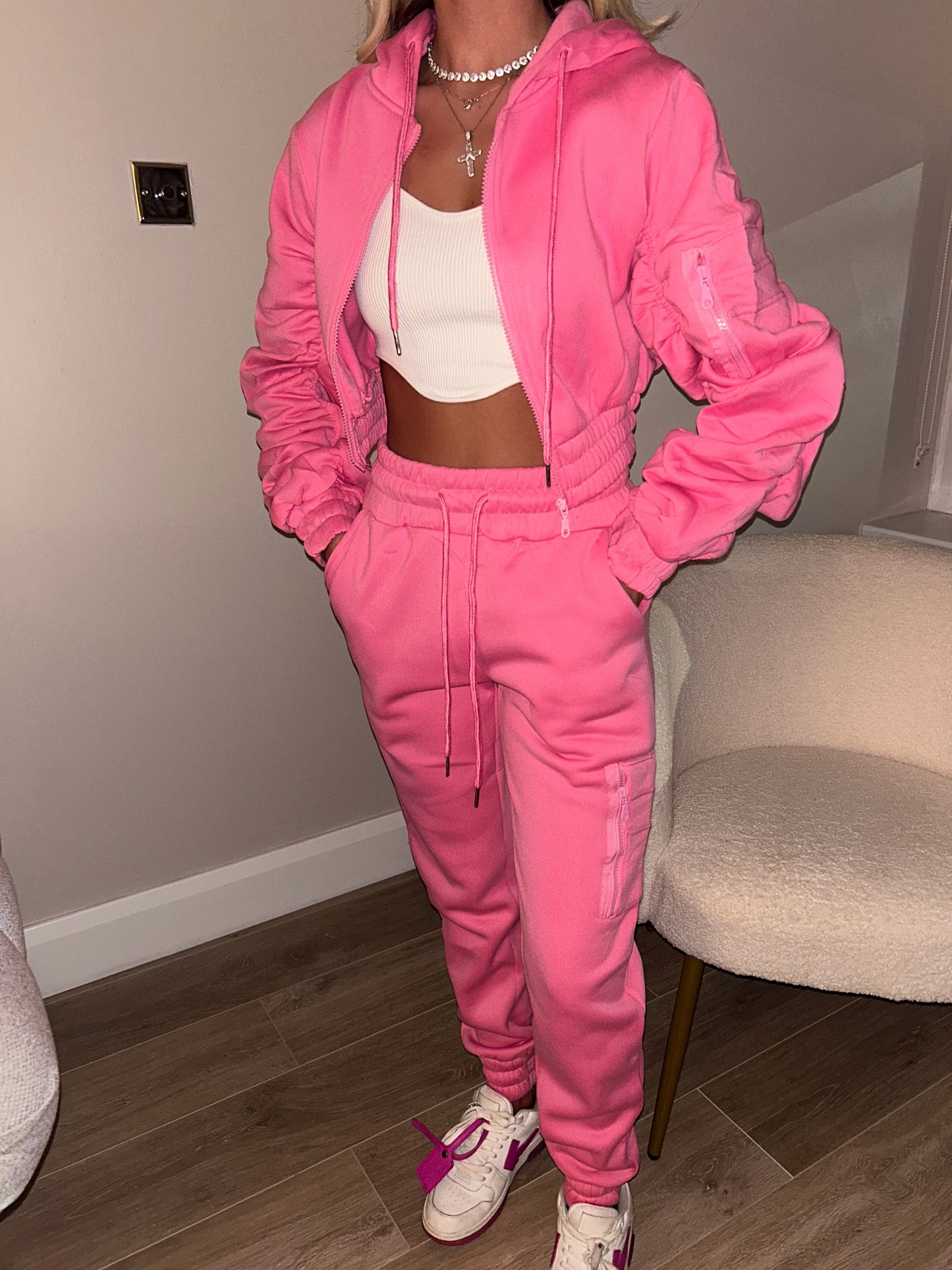 Pink ruched sleeve tracksuit