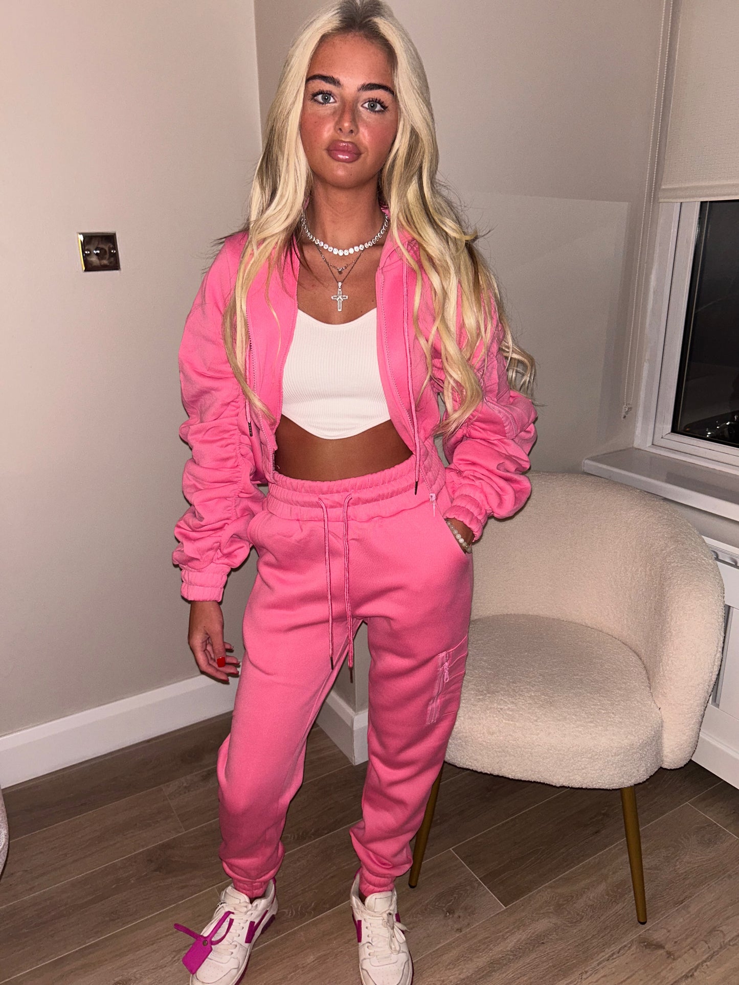 Pink ruched sleeve tracksuit