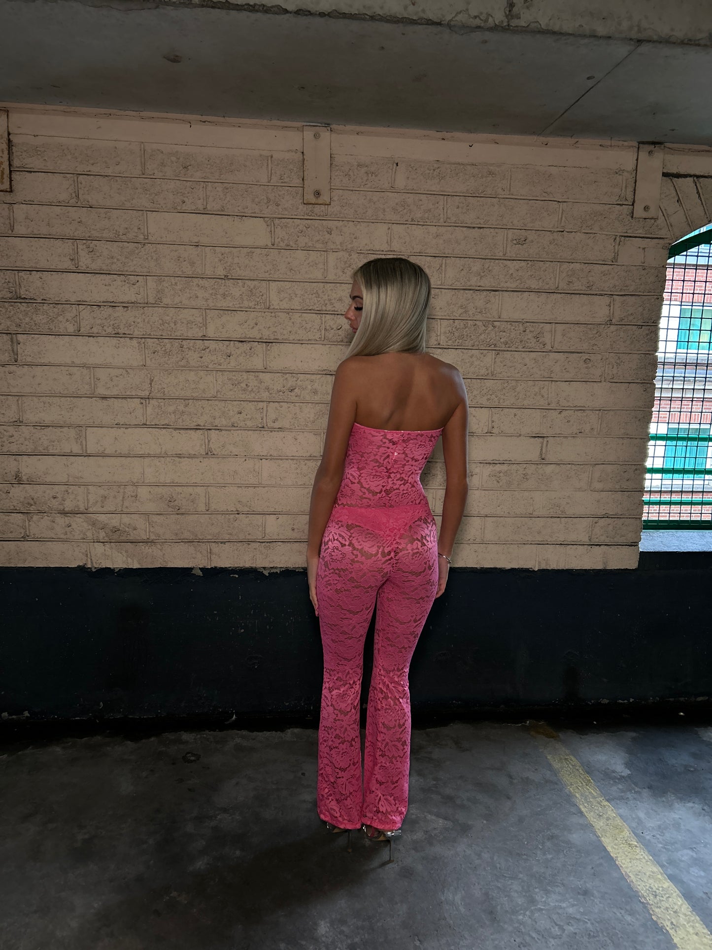 Pink lace tie front jumpsuit