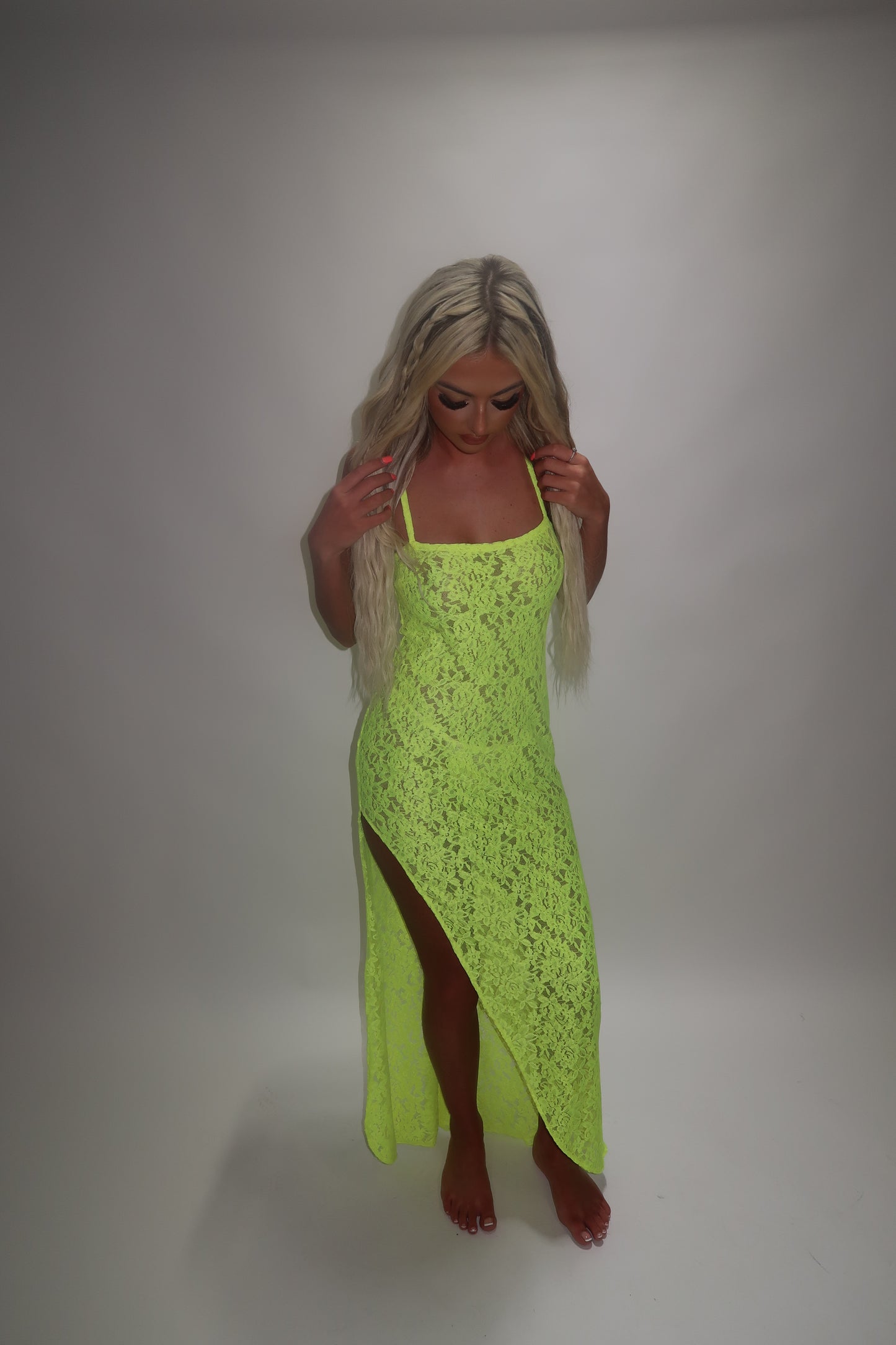 LIMITED EDITION HAND MADE AND DESIGNED IN HOUSE: Neon yellow Split leg dress