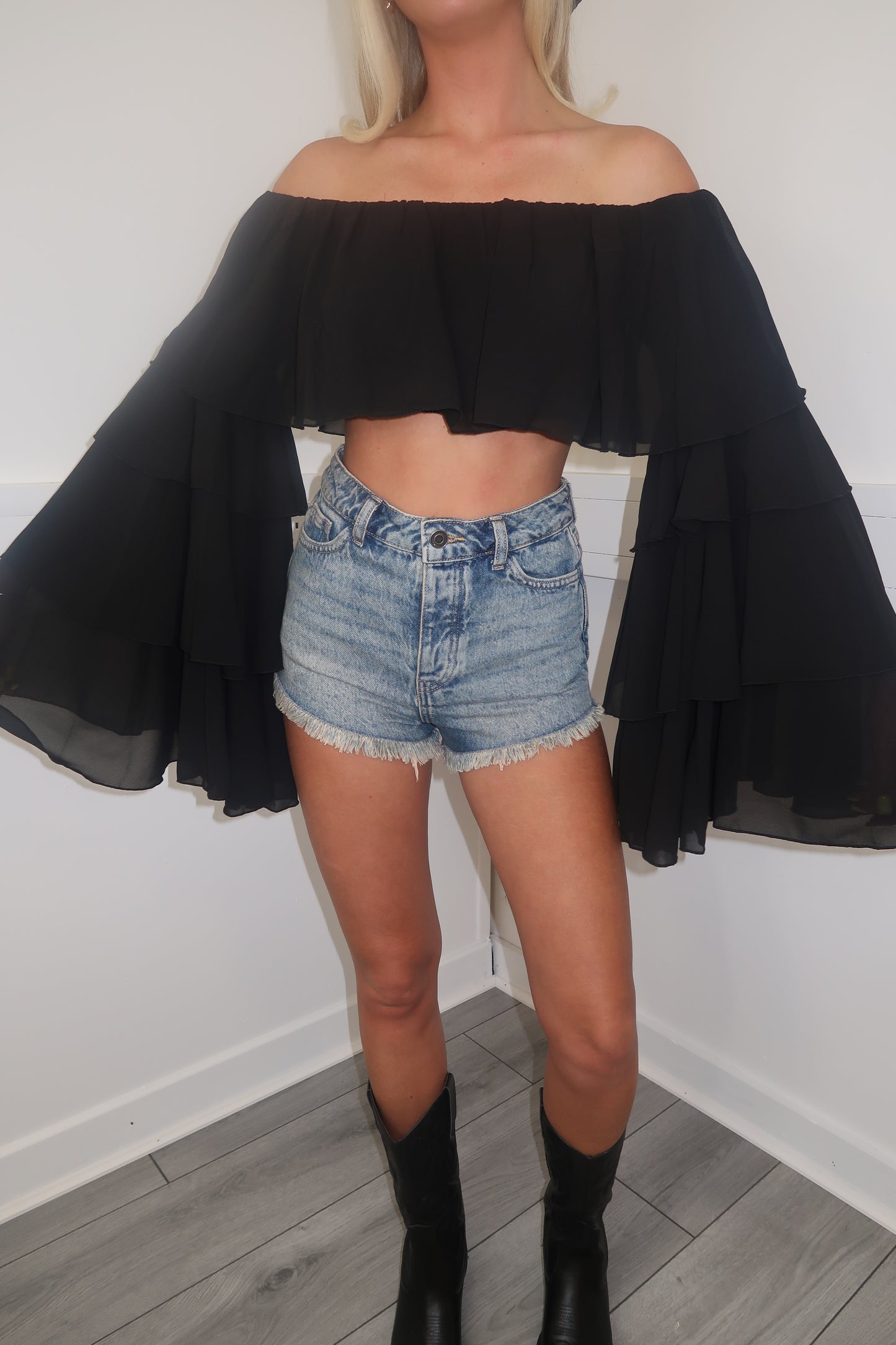 Black chiffon layered Bardot top