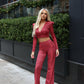 LIMITED EDITION HANDMADE & DESIGNED IN HOUSE: Burgundy sparkle flared trousers and top set
