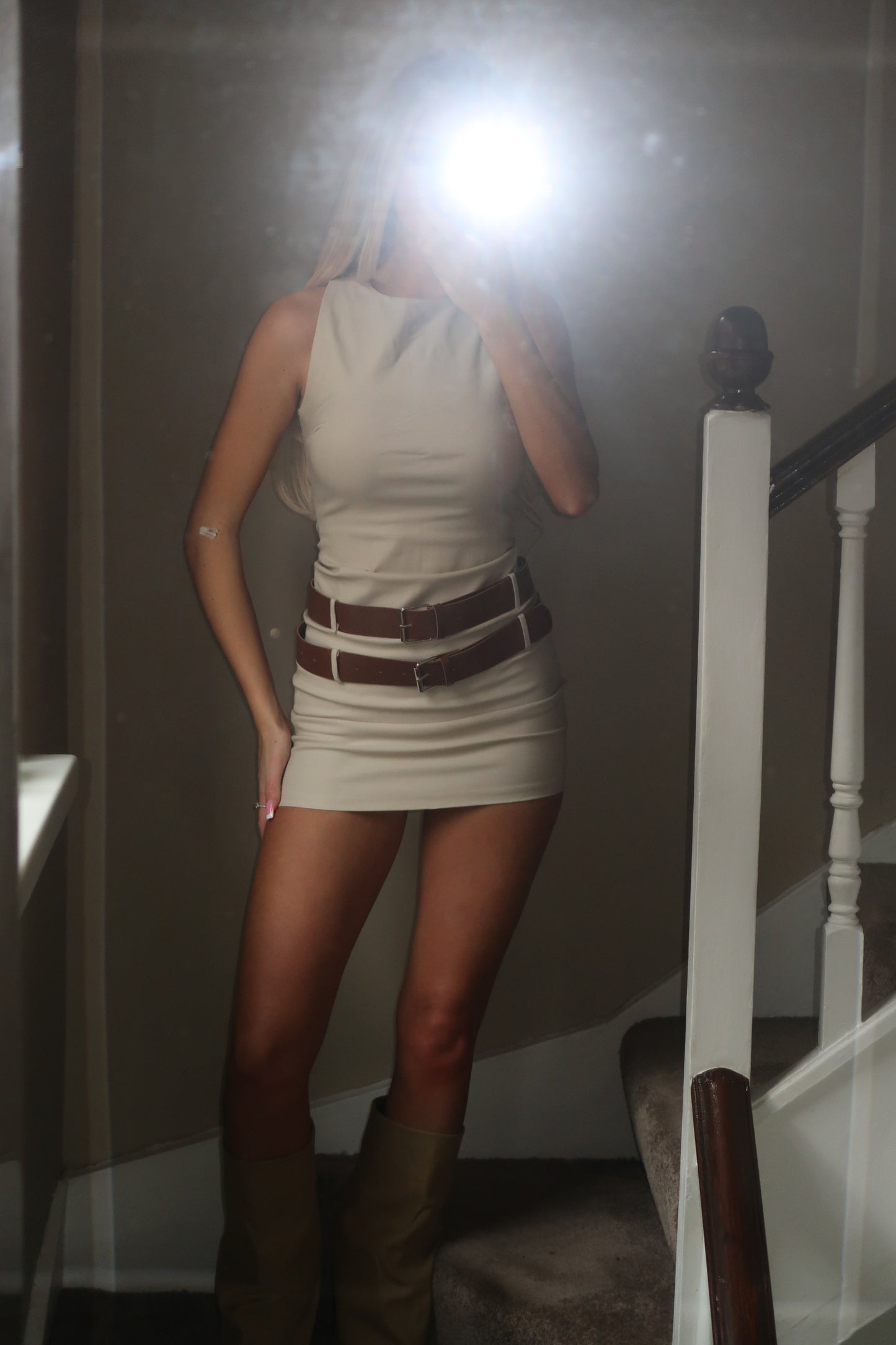 Beige Double Belted Round Neck Mini Dress