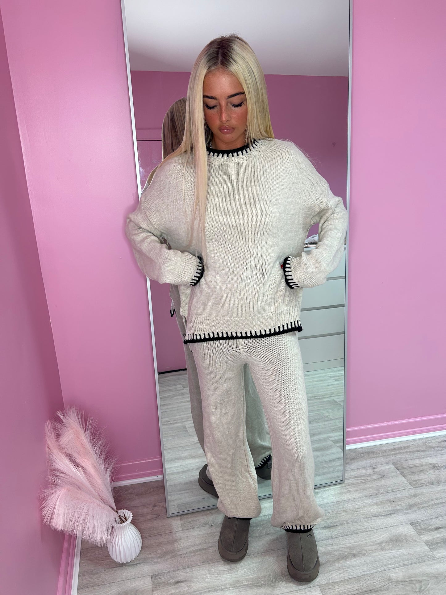 Contrast knitted jumper and wide leg trouser set