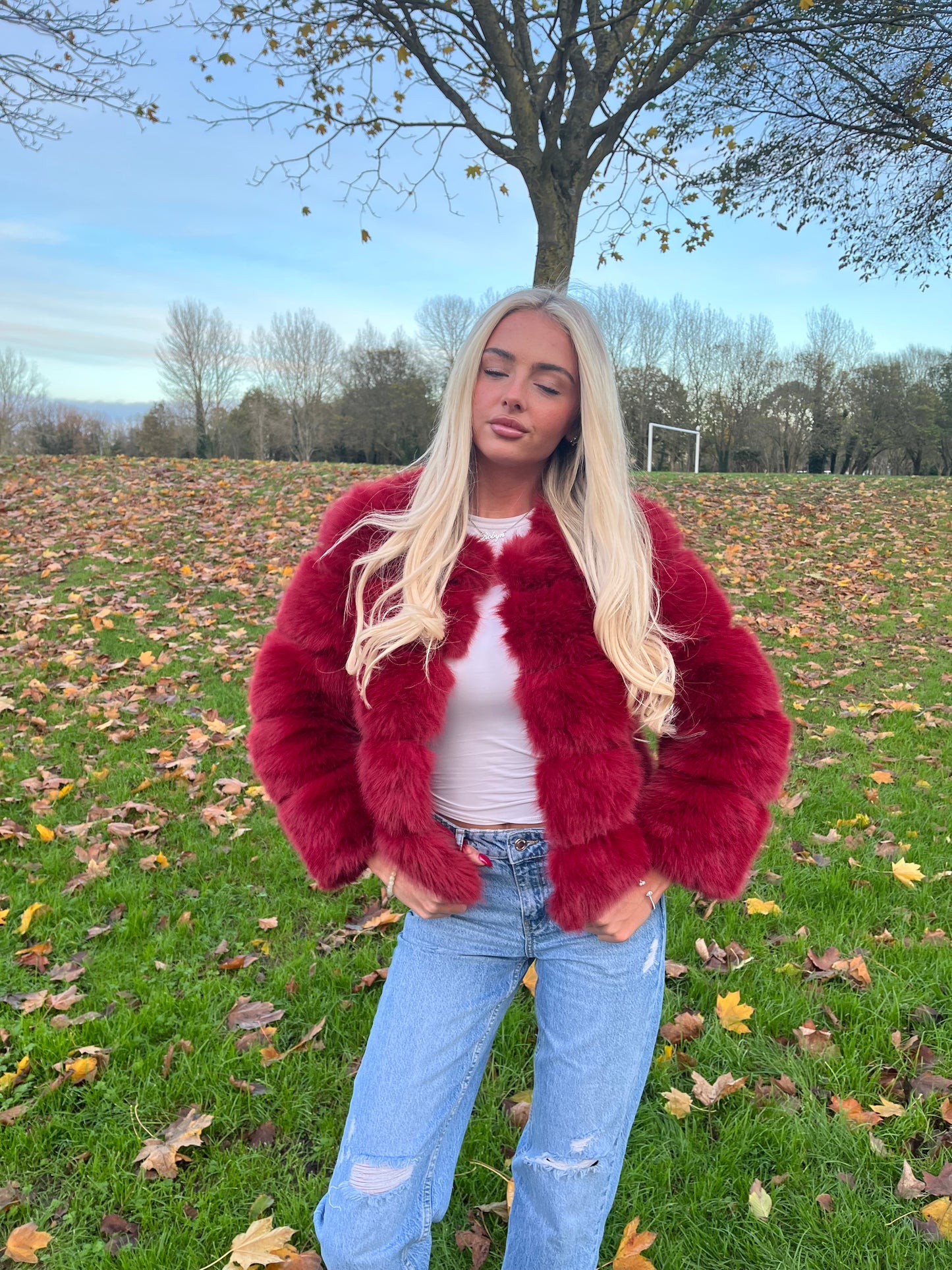 Luxury wine faux fur 3/4 sleeve coat
