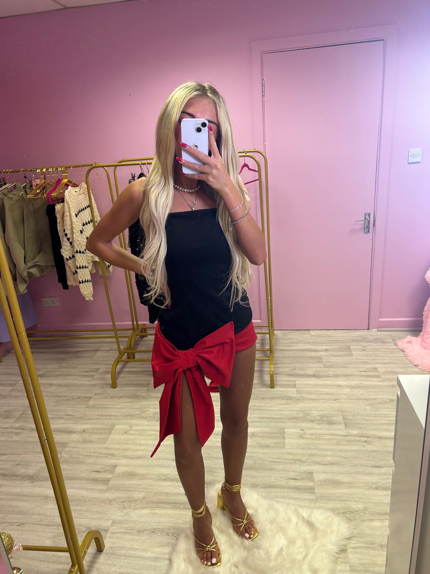 Black and red bow front mini dress