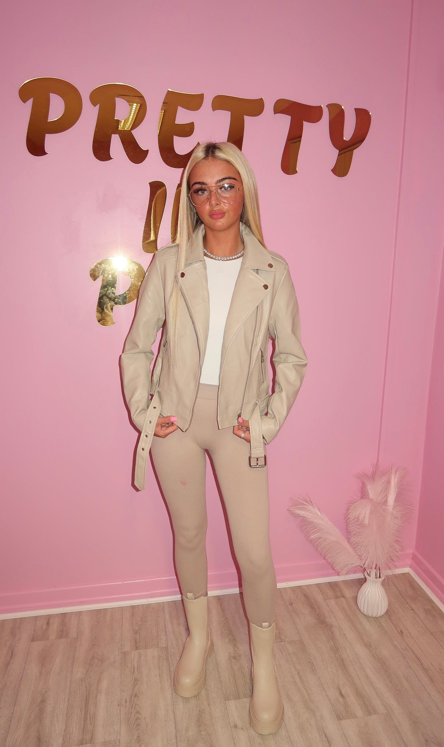 PU Cream Belted Zip Up Biker Jacket