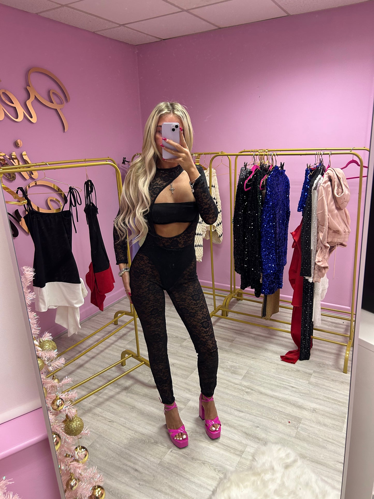 Black lace cut out jumpsuit