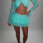 LIMITED EDITION HAND MADE AND DESIGNED IN HOUSE: Blue frilly Rara skirt top and sleeves three piece