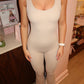 Beige cut out back ruched push-up jumpsuit