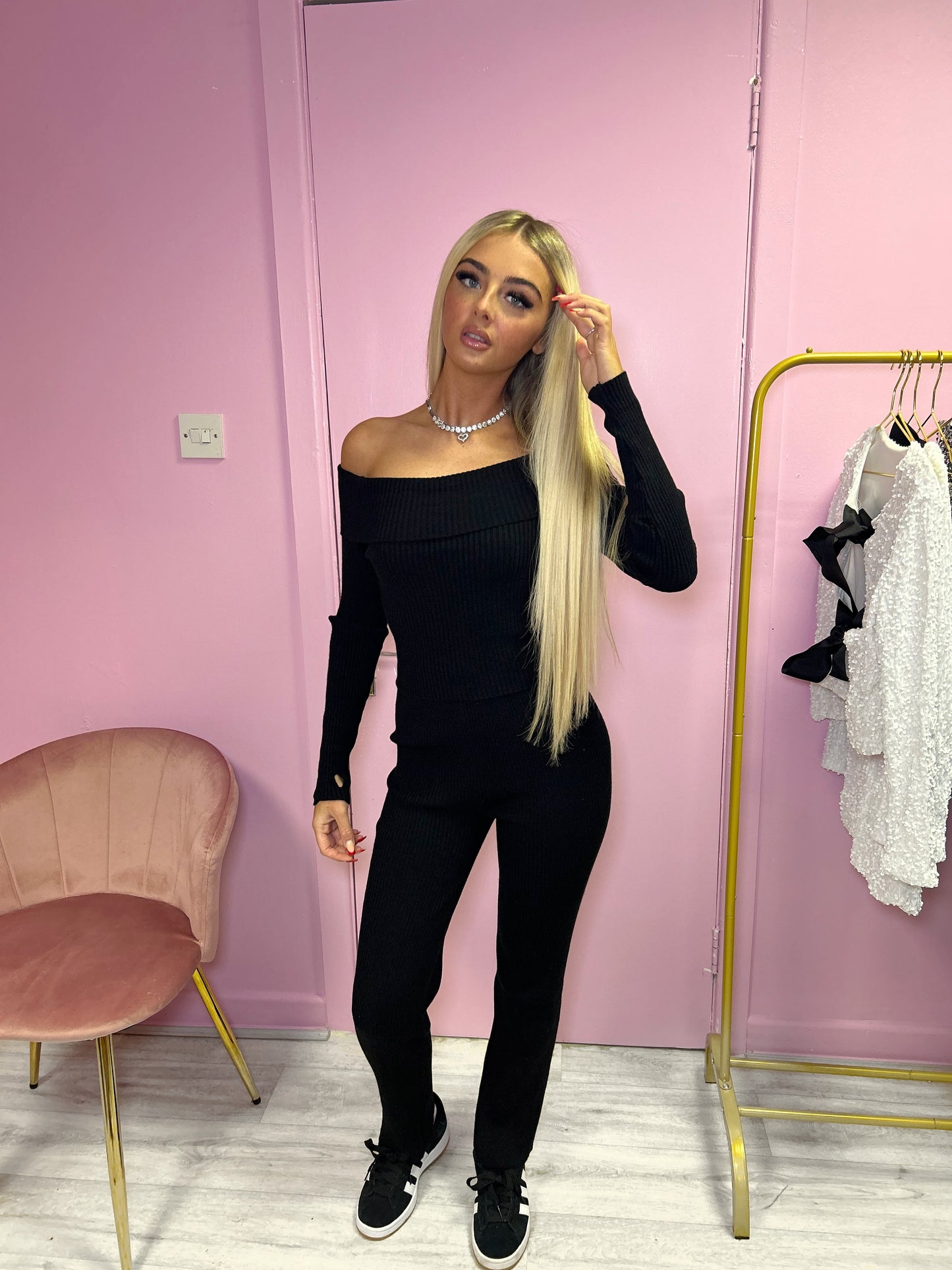 Black Off the shoulder knitted jumper and wide leg trouser set