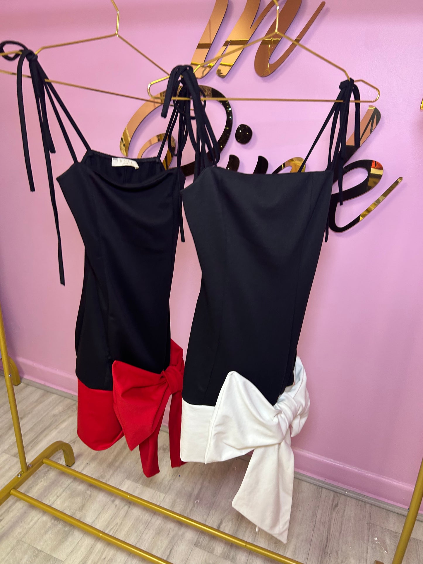Black and white bow front mini dress