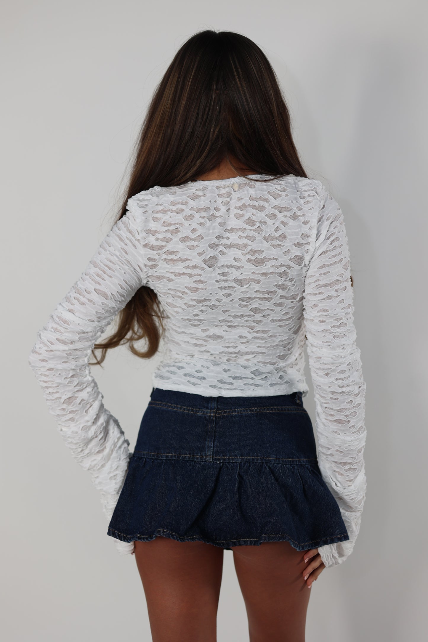 White lace up long sleeve top