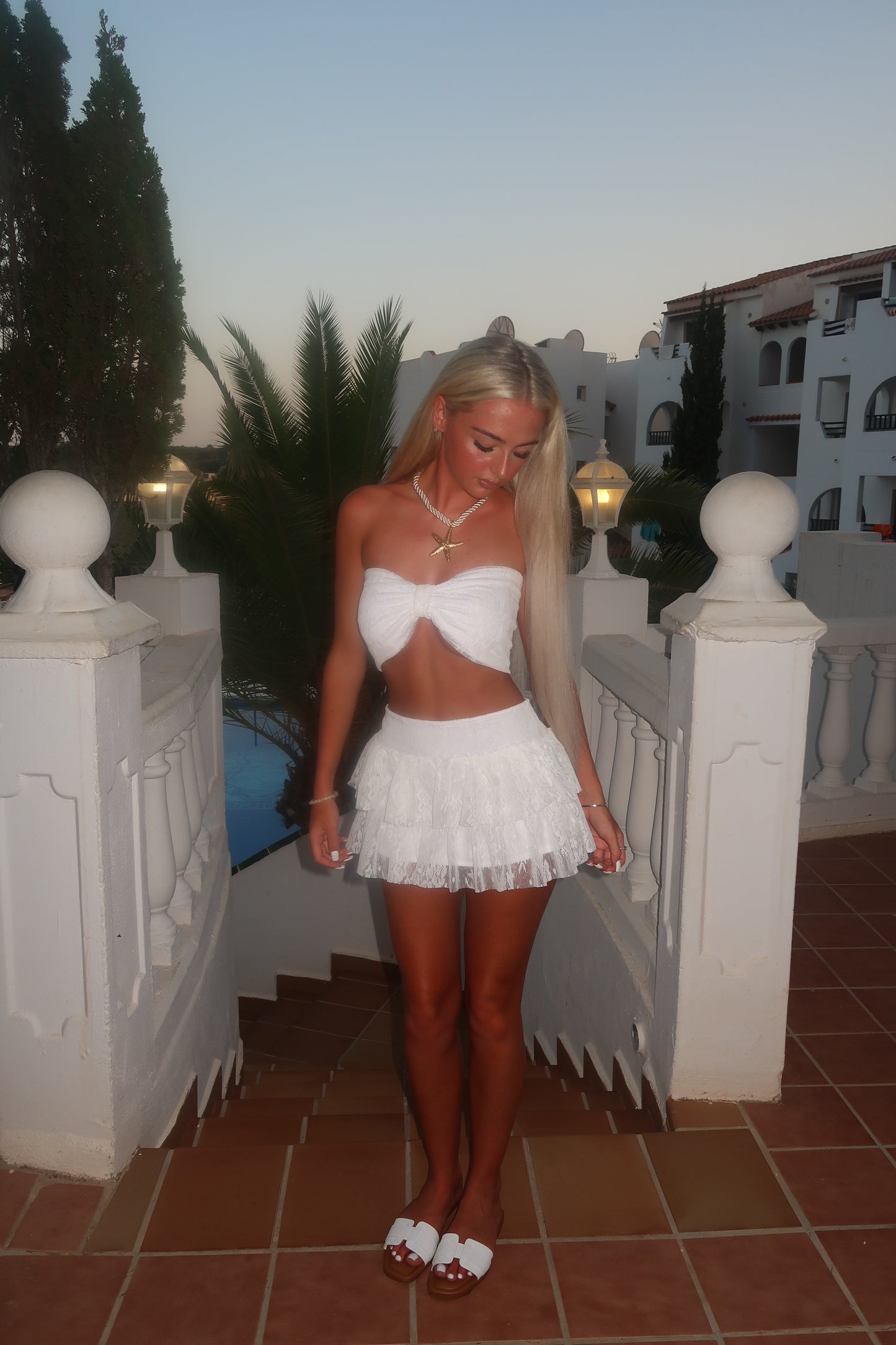 LIMITED EDITION HAND MADE AND DESIGNED IN HOUSE: White shimmer frilly Rara skirt co-ord