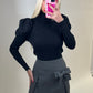 Black high neck puff sleeve ribbed jumper