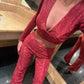 LIMITED EDITION HANDMADE & DESIGNED IN HOUSE: Burgundy sparkle flared trousers and top set