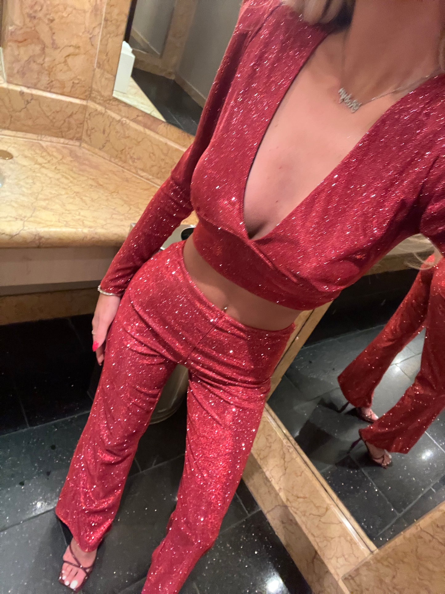 LIMITED EDITION HANDMADE & DESIGNED IN HOUSE: Burgundy sparkle flared trousers and top set