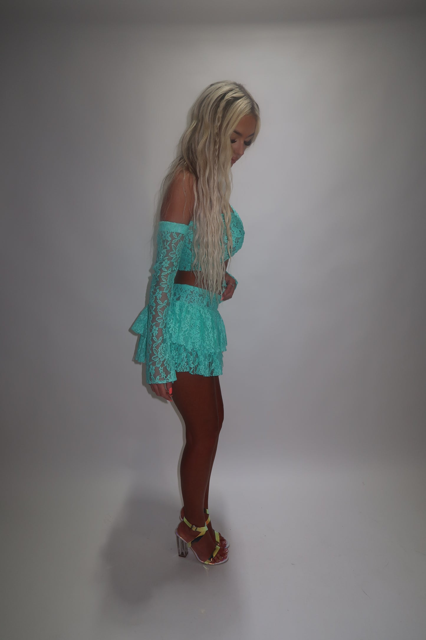 LIMITED EDITION HAND MADE AND DESIGNED IN HOUSE: Blue frilly Rara skirt top and sleeves three piece