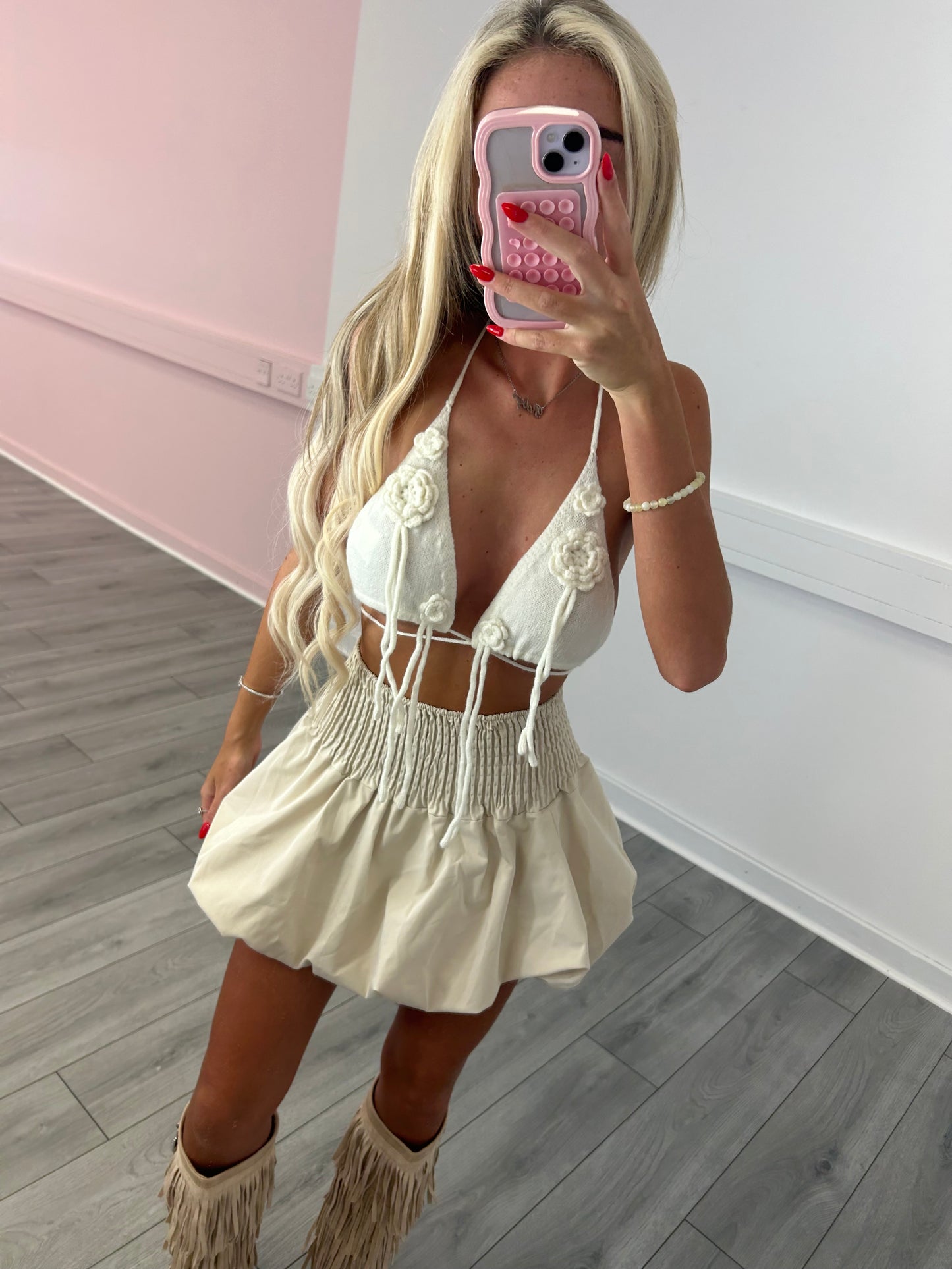 Beige Shirred High Waist Bubble Skirt