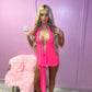 Pink Slinky Halter Neck Top & Skirt Co-ord With Tie Knot Drape Detail