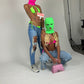 Pink balaclava and green top
