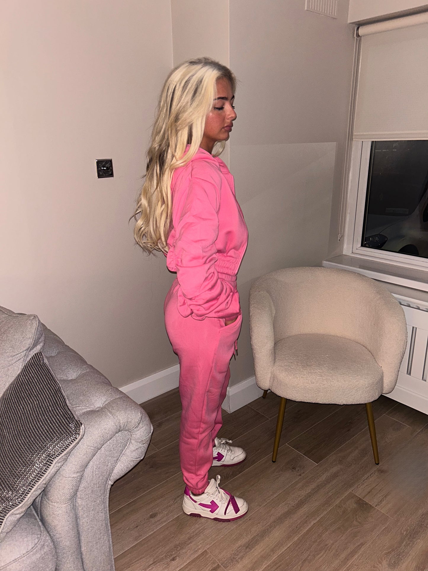 Pink ruched sleeve tracksuit