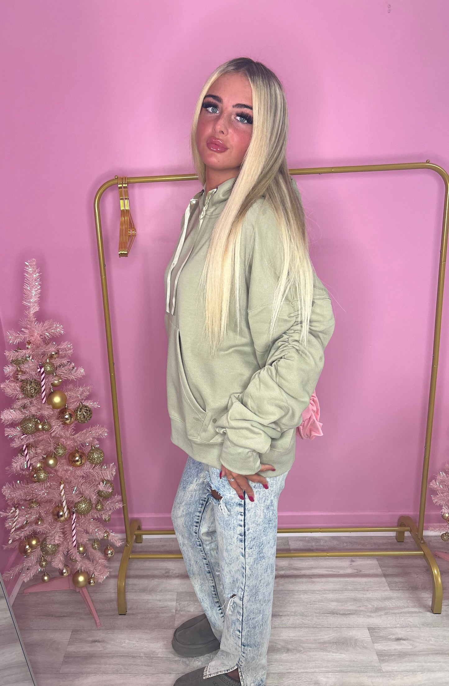 Sage green ruched sleeve ribbon hoodie
