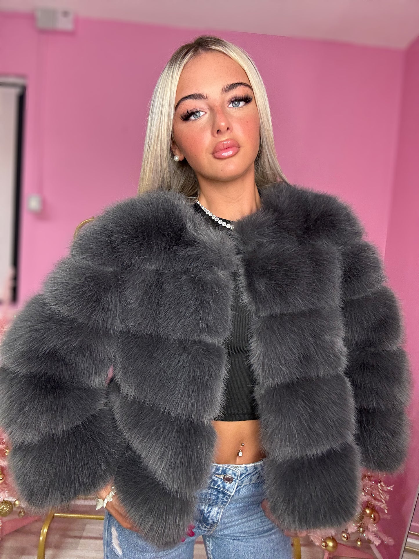 Dark charcoal grey NEW luxury faux fur coat 3/4 sleeve